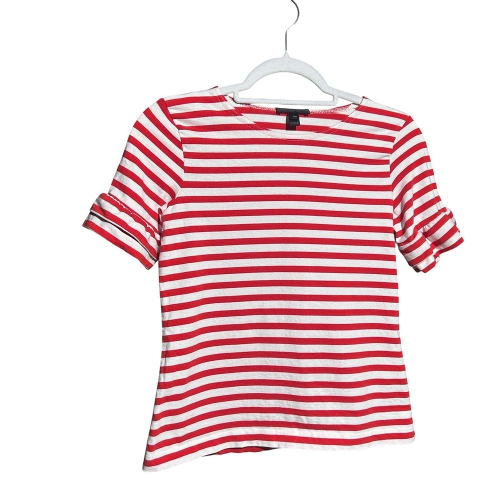 J Crew Ruffle Sleeve Red & White Striped T-shirt Tee Top XXS 100% Cotton